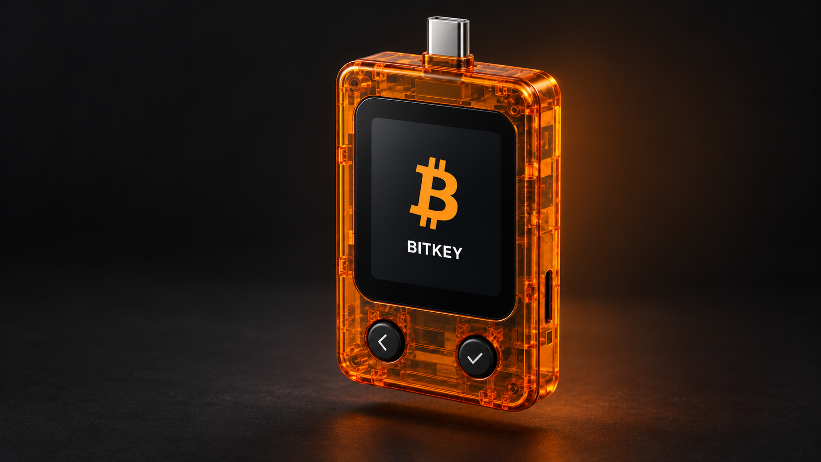 Bitkey Rev 0.7 — Konzeptillustration des transparent-orangen Gehäuses
